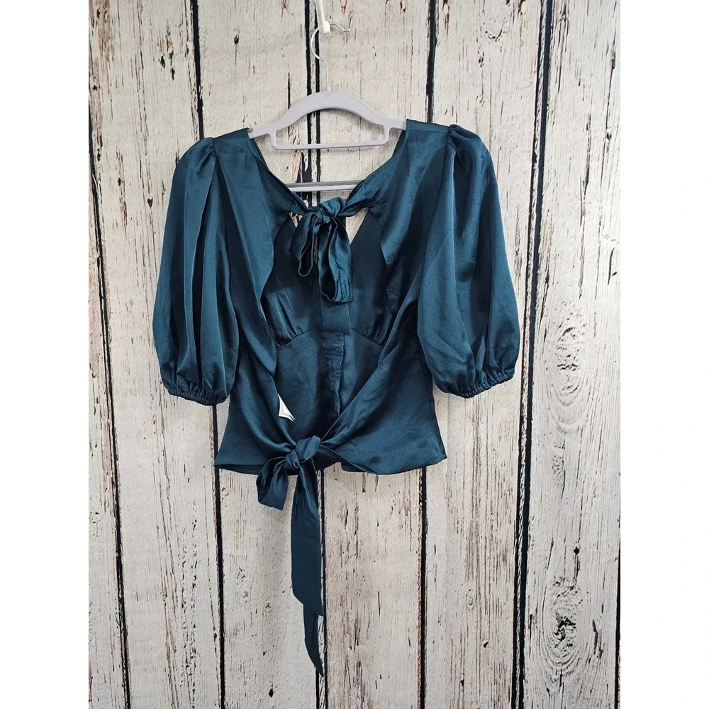Abercrombie & Fitch Teal Satin Puff Sleeve Tie Back Button Front Crop Top XS EUC